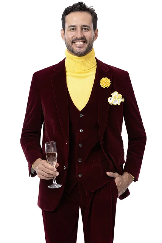 Mens Two Button Vested Velvet Suit in Burgundy Stylish Men's Neon Stylish Men's Neon