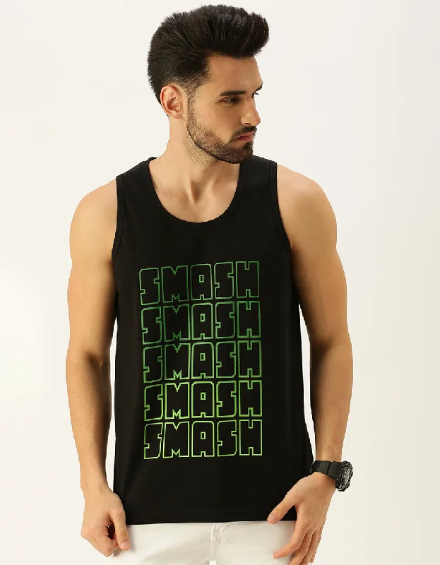 Smash Black Regular Fit Front Typography Printed Vest Relaxed Men's Beach Relaxed Men's Beach