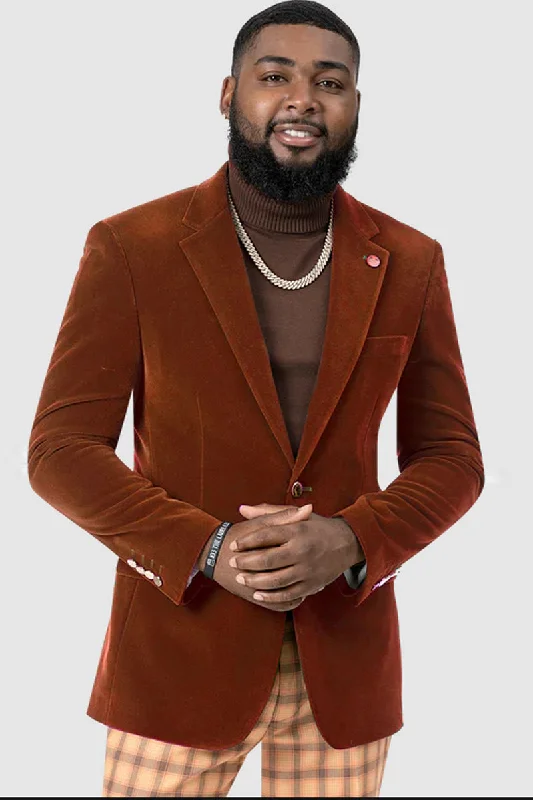 Mens Two Button Modern Fit Velvet Blazer in Rust Hip Men's Retro Hip Men's Retro