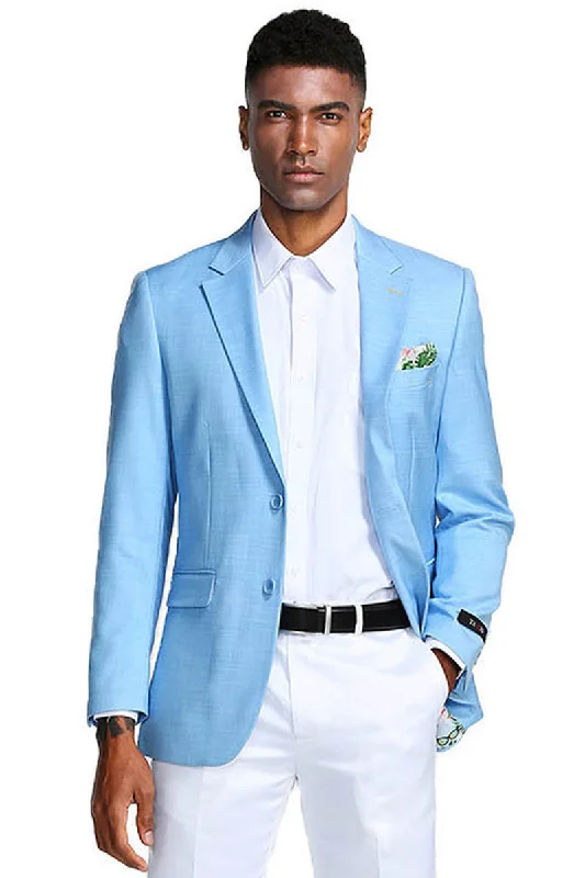 Men's Two Button Slim Fit Linen Style Summer Blazer in Sky Blue Laid Laid