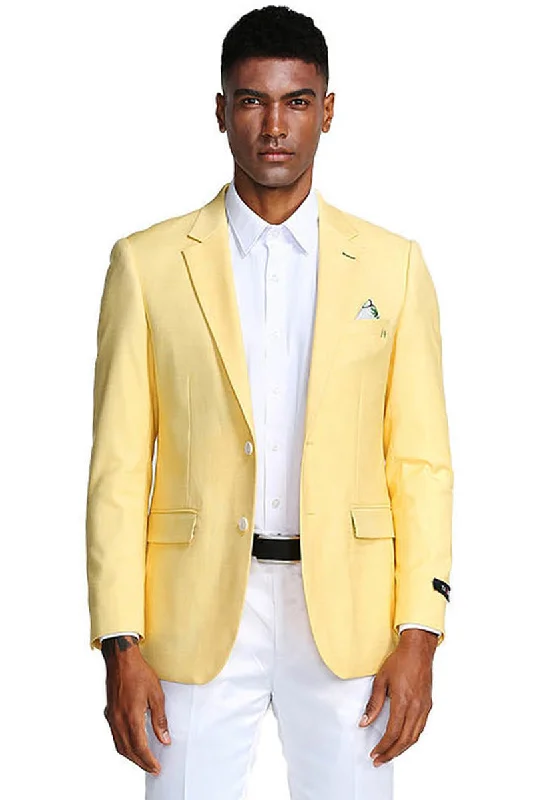 Men's Two Button Slim Fit Linen Style Summer Blazer in Lemon Yellow Edgy Men's Punk Edgy Men's Punk