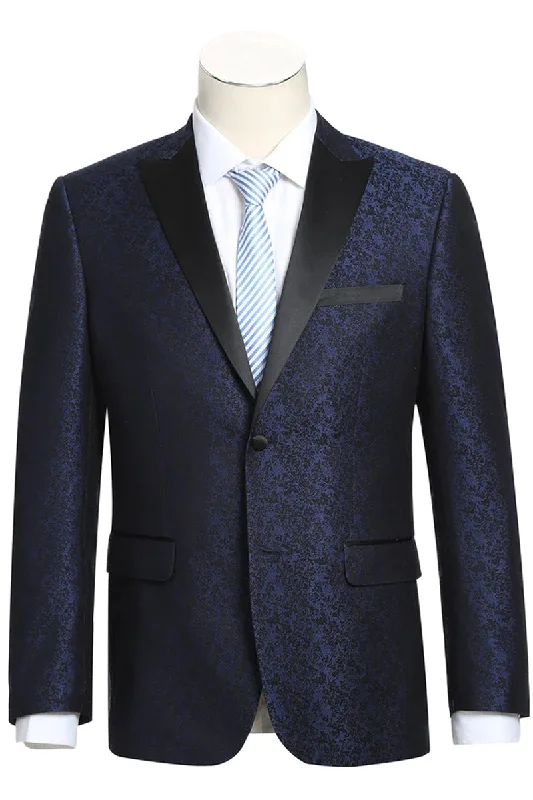 Mens Two Button Peak Lapel Paisley Prom Tuxedo Blazer in Navy Blue Confident Men's Power Confident Men's Power