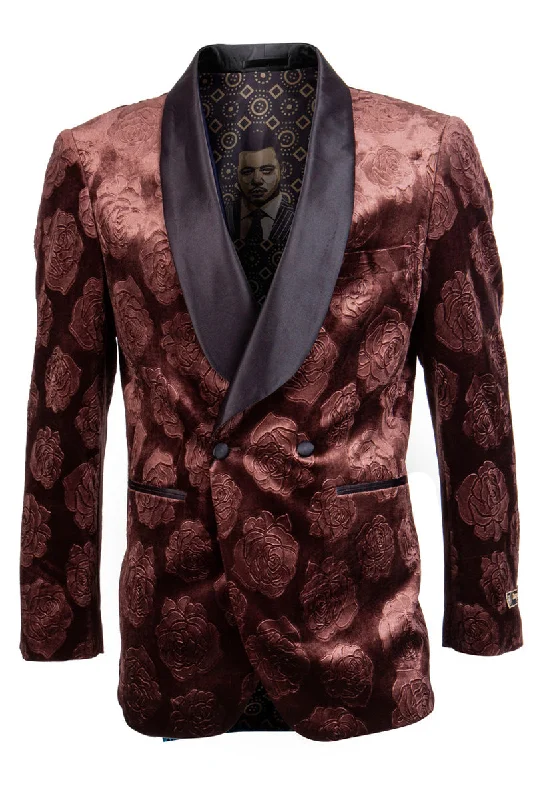 Men's Double Breasted Floral Rose Print Velvet Smoking Jacket in Rust Youthful Men's Pop Youthful Men's Pop