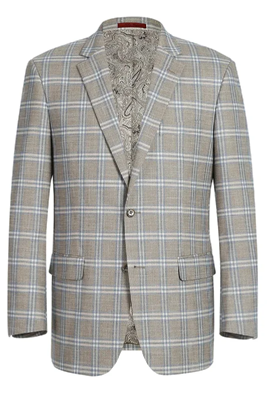 Mens Two Button Classic Fit Sport Coat Blazer in Grey Tan Windowpane Plaid Bold Men's Animal Bold Men's Animal