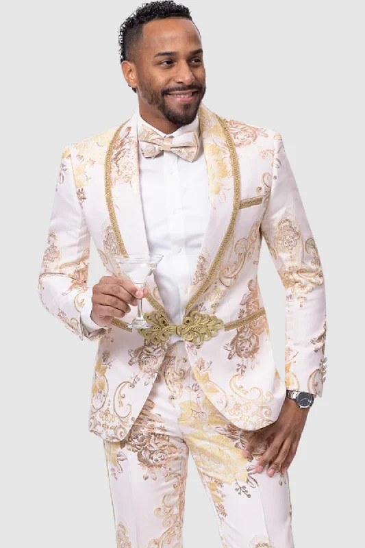 Mens White & Gold Paisley Prom & Wedding Tuxedo Polished Men's Satin Polished Men's Satin