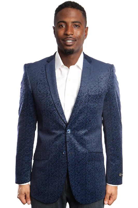 Men's Two Button Organic Pattern Velvet Blazer in Navy Blue Business Business