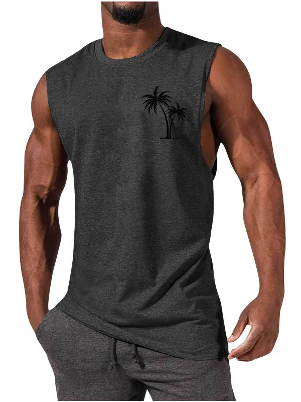 Men Coconut Tree Embroidery Vest Workout Muscle Tank Top Trendy Men's Scandinavian Trendy Men's Scandinavian