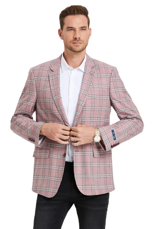 Men's Two Button Business Casual Double Windowpane Sport Coat in Rose Pink Polished Men's Satin Polished Men's Satin