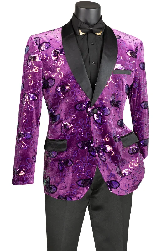 Mens Slim Fit Velvet Paisley Sequin Floral Prom Dinner Jacket in Purple Unique Men's Patch Unique Men's Patch