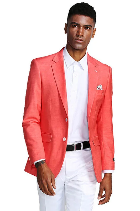 Men's Two Button Slim Fit Linen Style Summer Blazer in Salmon Pink Sophisticated Men's French Sophisticated Men's French