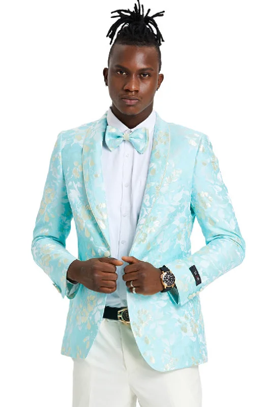 Men's Slim Fit Paisley Foil Print Prom & Wedding Dinner Jacket Blazer in Mint Green & Gold Preppy Men's College Preppy Men's College