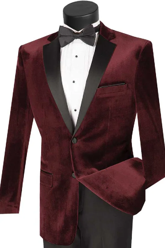 Mens Modern Designer Velvet Prom and Wedding Tuxedo in Burgundy Luxurious Men's High Luxurious Men's High