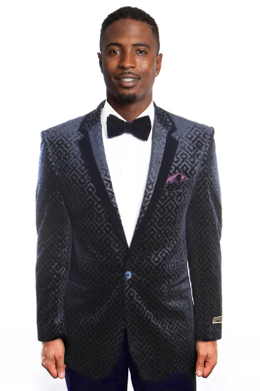 Men's Diamond Print Retro Velvet Prom Tuxedo Jacket in Navy Trendy Men's Oversized Trendy Men's Oversized