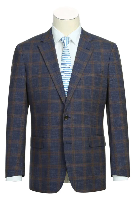 Mens Slim Fit Two Button Sport Coat Blazer in Navy Blue & Gold Windowpane Plaid Dapper Men's Bow Dapper Men's Bow