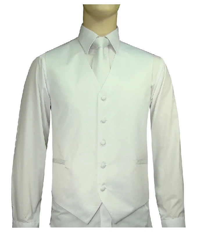 Men's Satin 10-1 Solid Vest, Tie & Hanky - White Refined Men's European Refined Men's European