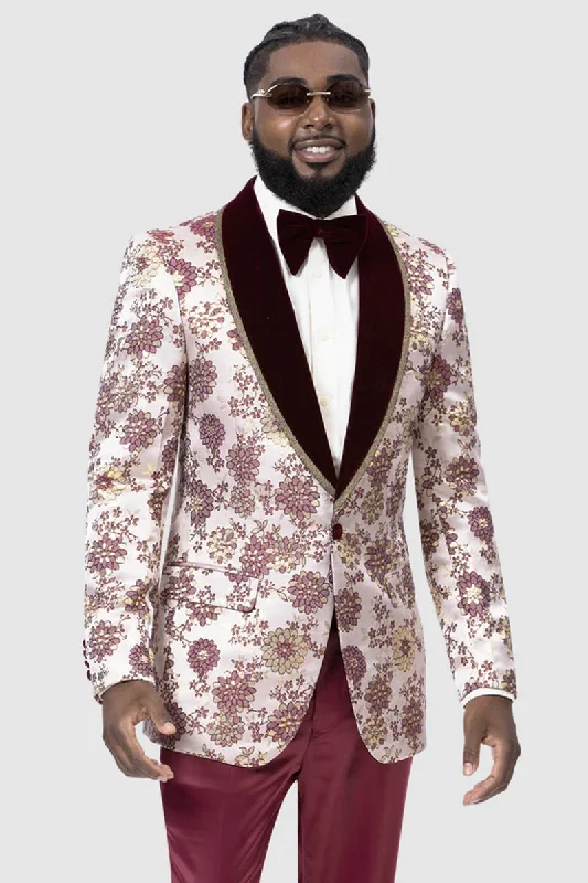 Mens One Button Vintage Style Burgundy & Gold Prom Tuxedo Dinner Jacket Confident Men's High Confident Men's High