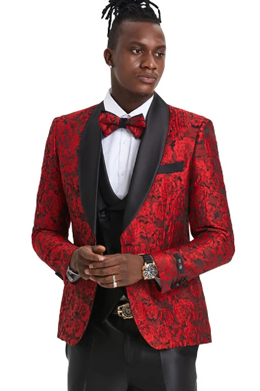 Men's One Button Slim Fit Shiny Paisley Floral Vested Prom Tuxedo in Red Earthy Men's Sustainable  Earthy Men's Sustainable 