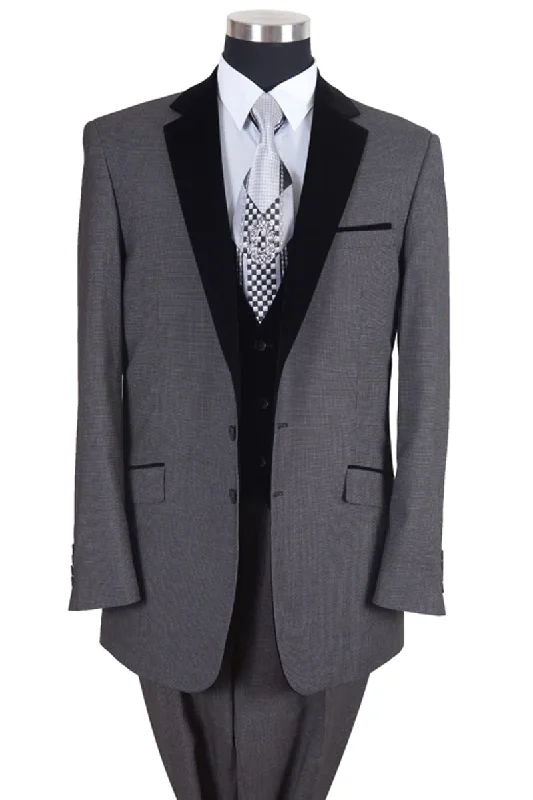 Mens Vested Modern Fit Tuxedo Suit in Grey with Black Velvet Lapel and Vest Modern Men's  Modern Men's 