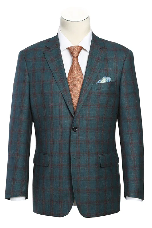 Mens Classic Fit Two Button Wool & Linen Sport Coat Blazer in Teal Blue Windowpane Plaid Bold Men's Statement Bold Men's Statement