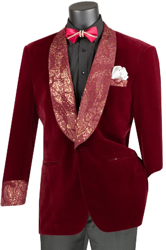 Mens Velvet Prom Smoking Jacket with Fancy Paisley Glitter Lapel and Cuff in Burgundy Organic Organic