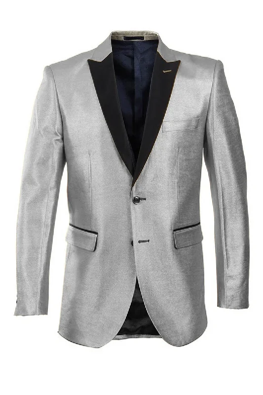 Men's Slim Fit Shiny Satin Tuxedo Blazer in Silver & Black Luxurious Men's High Luxurious Men's High