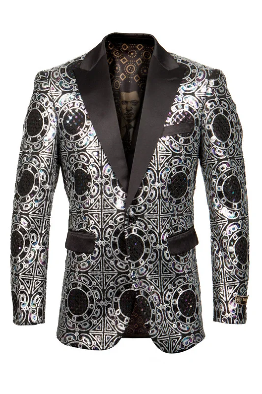 Men's Shiny Geometric Print & Diamond Prom Tuxedo Jacket in Silver Cozy Men's Winter Cozy Men's Winter