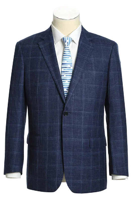 Mens Two Button Classic Fit Wool Sport Coat Blazer in Navy Blue Windowpane Plaid Refined Men's European Refined Men's European