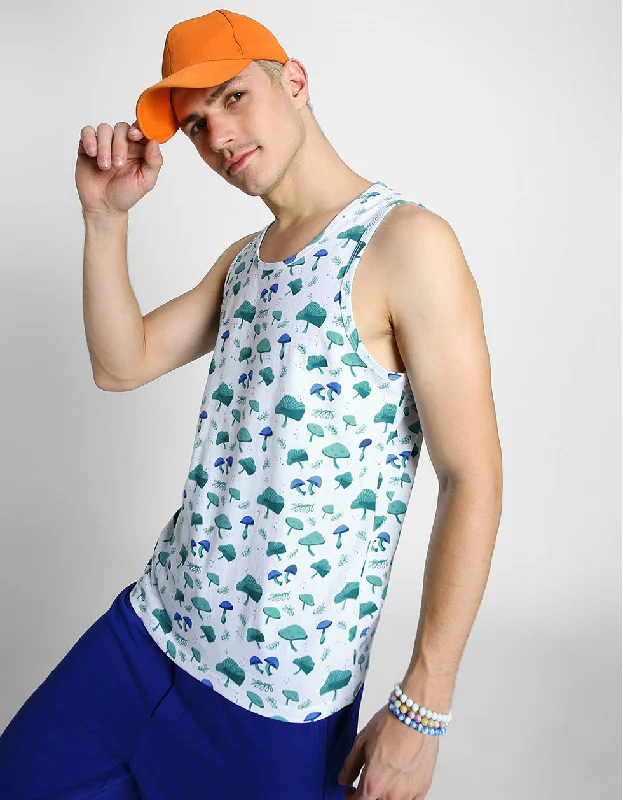 White & Blue Mushroom Printed Gym Vest Dapper Men's 1920S Dapper Men's 1920S