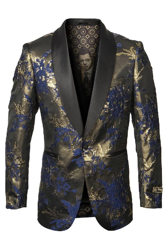 Men's Shiny Satin Paisley Prom Tuxedo Jacket in Navy & Gold Relaxed Men's Beach Relaxed Men's Beach