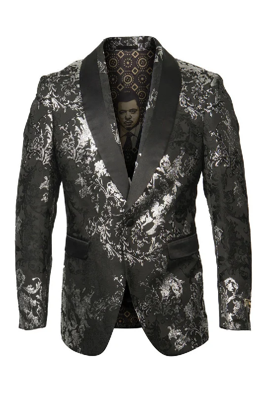 Men's Shawl Collar Wedding Tuxedo Blazer in Black with Silver Foil Paisley Masculine Men's Thick Masculine Men's Thick