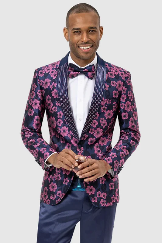 Mens Studded Shawl Lapel Prom Tuxedo Blazer in Navy Blue and Magenta Floral Pattern Tough Men's Military Tough Men's Military