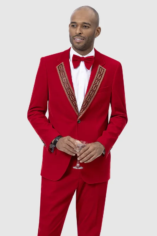 Mens Modern Fit Velvet Tuxedo Suit with Gold Sequin Lapel Embellishment in Red Relaxed Men's Australian  Relaxed Men's Australian 