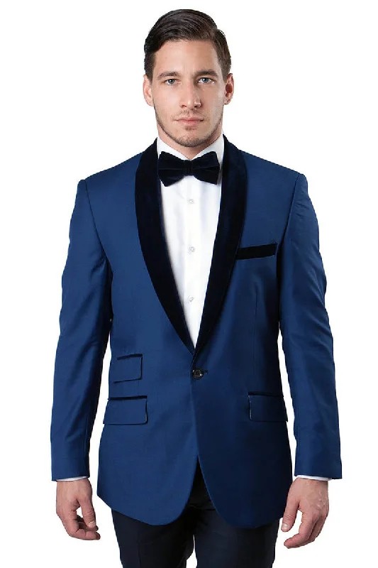 Men's One Button Velvet Shawl Collar Tuxedo Jacket in Blue Sporty Men's Athleisure  Sporty Men's Athleisure 