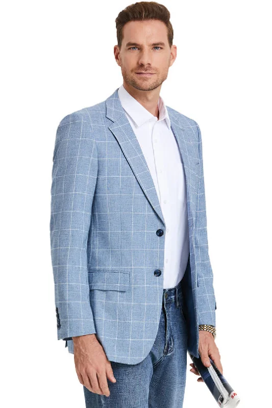 Men's Slim Fit Business Casual Summer Windowpane Plaid Blazer in Light Blue Street Street