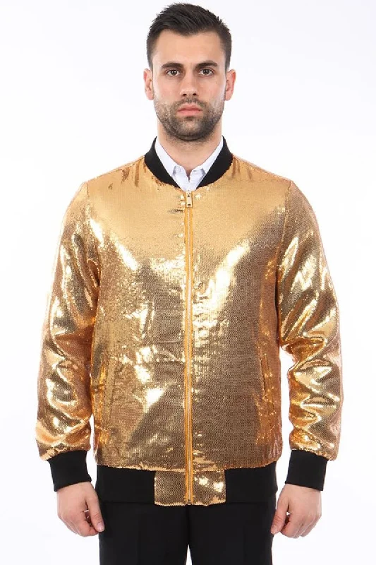 Men's Shiny Sequin Bomber Jacket in Gold Cool Men's Distressed Cool Men's Distressed