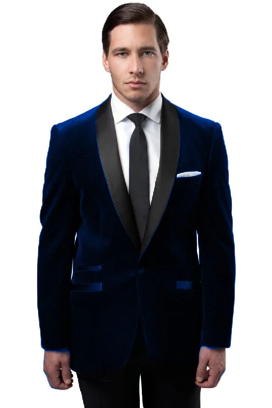 Men's One Button Velvet Shawl Collar Tuxedo Jacket in Navy Blue Refined Men's European Refined Men's European