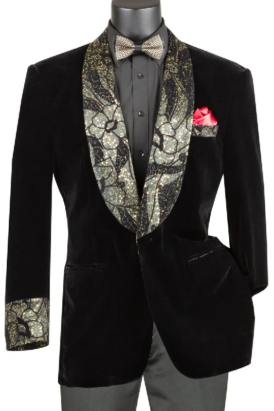 Mens Velvet Prom Smoking Jacket with Fancy Paisley Glitter Lapel and Cuff in Black Trendy Men's Scandinavian Trendy Men's Scandinavian