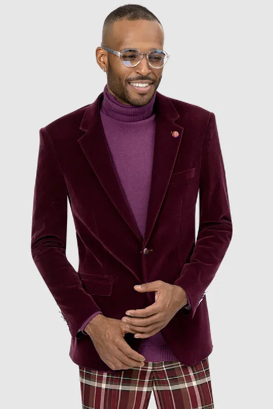 Mens Two Button Modern Fit Velvet Blazer in Burgundy Lumberjack Lumberjack