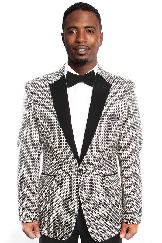 Men's Slim Fit Black & White Birdseye Blazer with Black Velvet Lapel Preppy Men's College Preppy Men's College