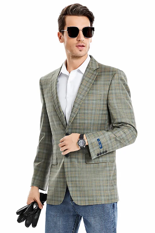 Men's Two Button Regular Fit Windowpane Plaid Sport Coat Blazer in Light Olive Green Sporty Men's Athleisure  Sporty Men's Athleisure 