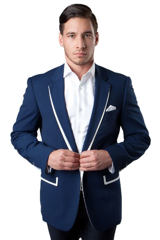 Men's One Button Summer Blazer in Dark Blue with White Trim Bold Men's Animal Bold Men's Animal