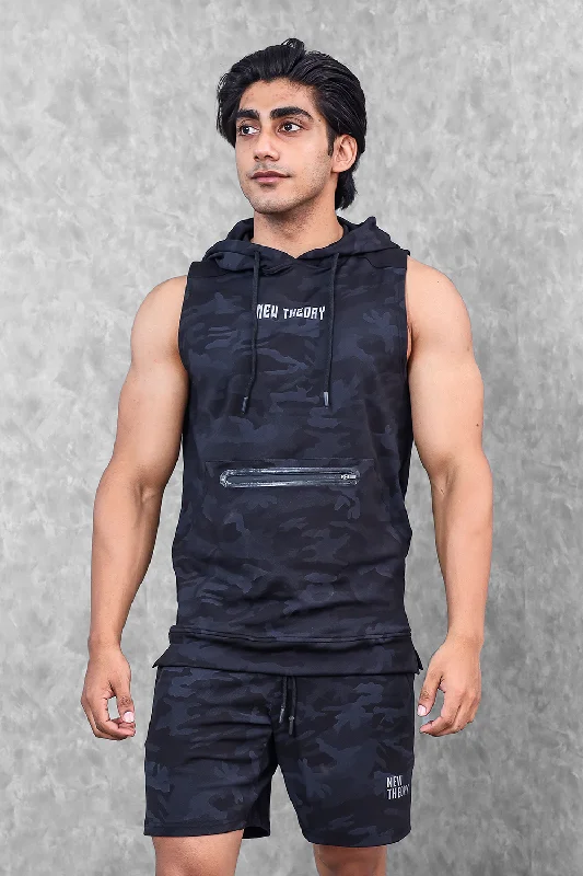 Camo Sleeveless Hoodie- Black Athletic Men's High Athletic Men's High