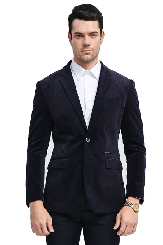 Men's Two Button Slim Fit Casual Velvet Jacket in Navy Blue Sleek Men's Contemporary  Sleek Men's Contemporary 