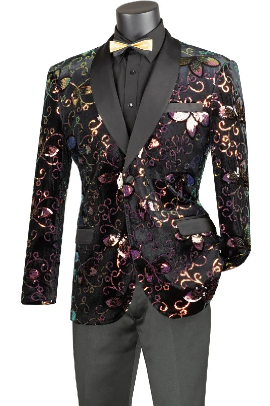 Mens Slim Fit Velvet Paisley Sequin Floral Prom Dinner Jacket in Black Casual Men's Short Casual Men's Short