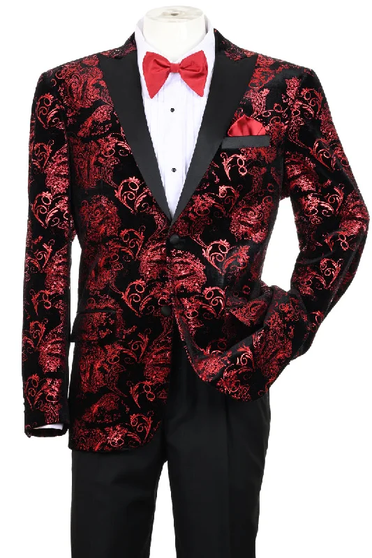 Men's Modern Fit Velvet Floral Paisley Foil Tuxedo Jacket in Red & Black Modern Men's Geometric Modern Men's Geometric