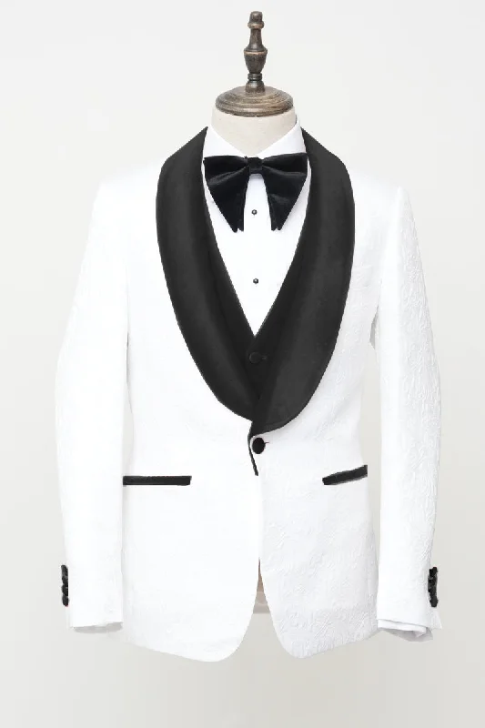 Men's Vested White Paisley Wedding & Prom Tuxedo with Black Velvet Lapel Preppy Men's College Preppy Men's College