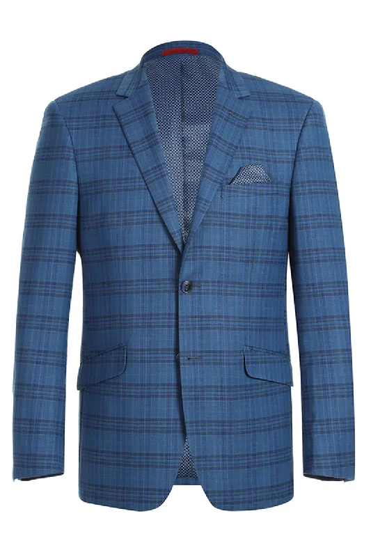 Mens Two Button Slim Fit Sport Coat Blazer in Medium Indigo Blue Windowpane Plaid Practical Men's Multi Practical Men's Multi