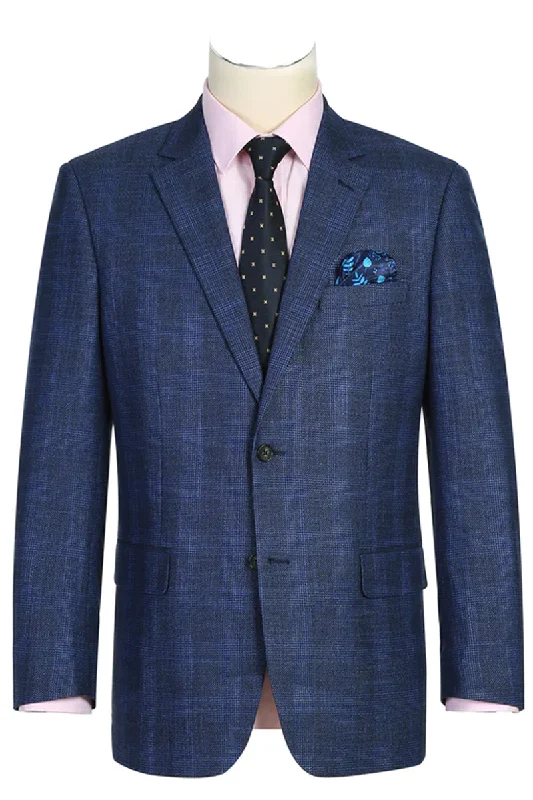 Mens Two Button Classic Fit Sport Coat Blazer in Navy Blue Windowpane Plaid Refined Men's Velvet Refined Men's Velvet