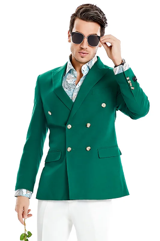 Men's Slim Fit Double Breasted Summer Blazer in Hunter Green Monochromatic All Monochromatic All