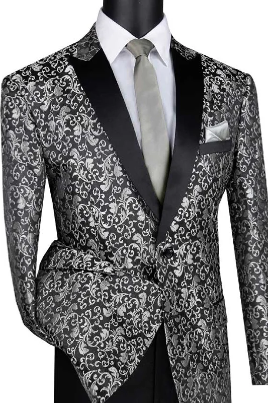 Mens Paisley Embroidered Regular Fit Sport Coat Tuxedo in Silver Grey British Gentleman Style British Gentleman Style